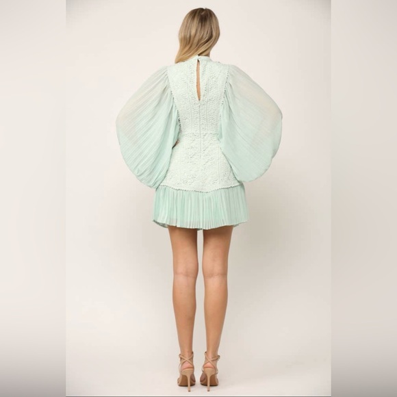 Pleated Volume Sleeve Lace Mini Dress|Statement Long Sleeve Party Dress|S–M - Picture 6 of 12